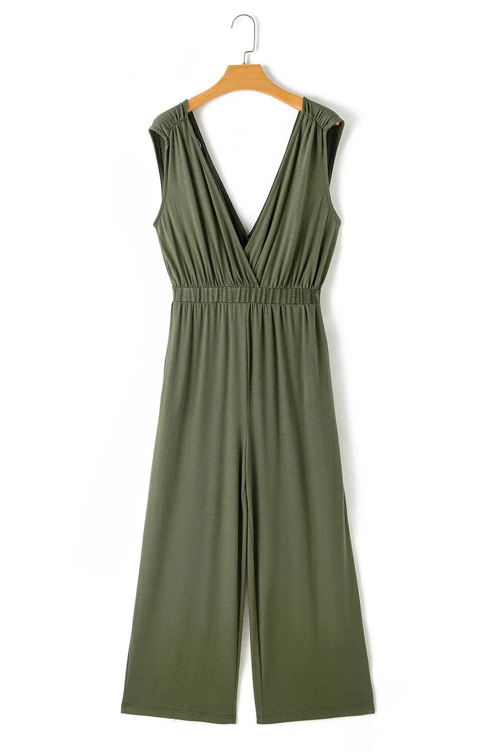 Green Jumpsuit with Plunging Neck and Spaghetti Sleeve Wide Leg Pants