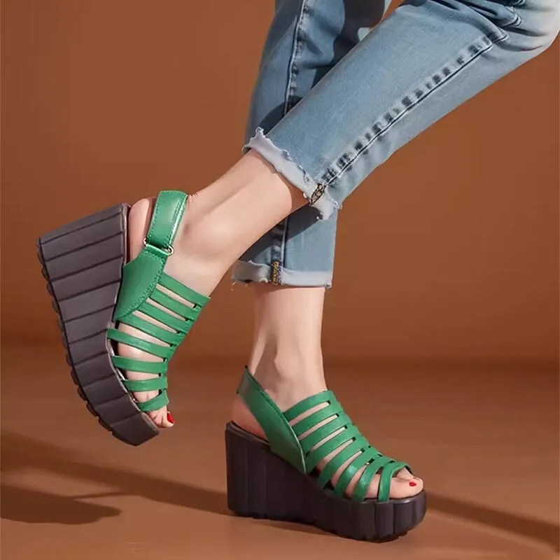 Handmade High Heel Gladiator Sandals Peep Toe 90mm Wedges in Black/Green/Rainbow