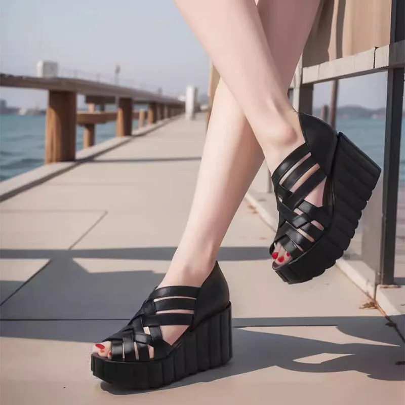 Handmade Leather Gladiator Sandals Peep Toe Back Zip 90mm Wedges Color Blocking