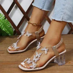 Hnzxzm Woman Elastic Rhinestones Sandals Elegant Designer Female Sale Pvc Fashion Comfortable Medium Block High Heels Party Shoe Summer