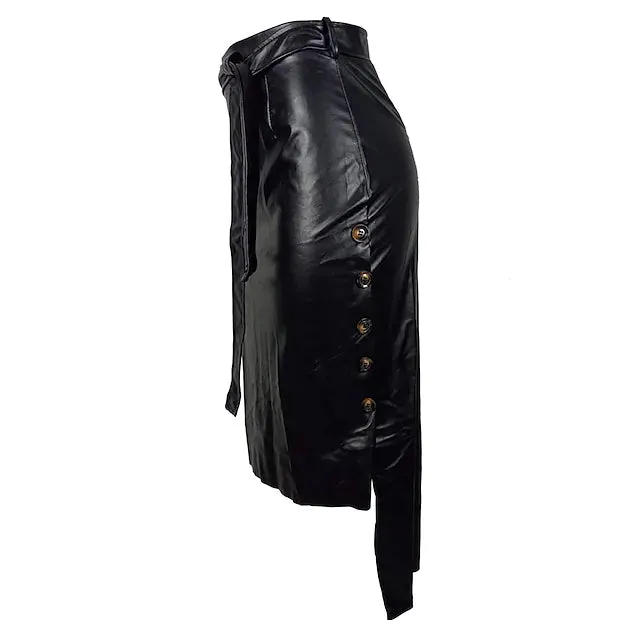 Knotted PU Leather Slit Skirt