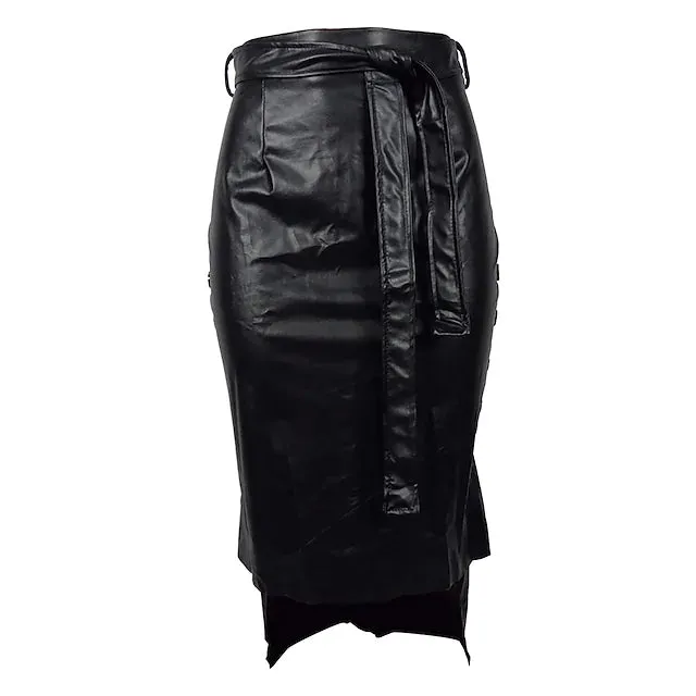 Knotted PU Leather Slit Skirt