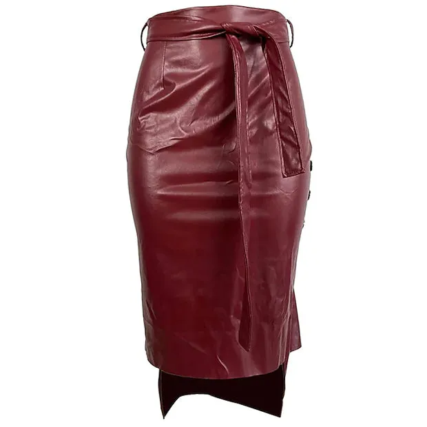 Knotted PU Leather Slit Skirt