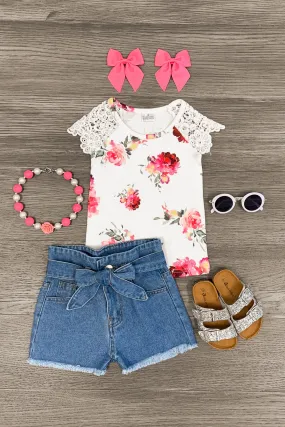 Lace Floral Distressed Denim Short Set