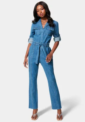 Lightweight Denim Cargo Style Straight Leg Jumpsuit