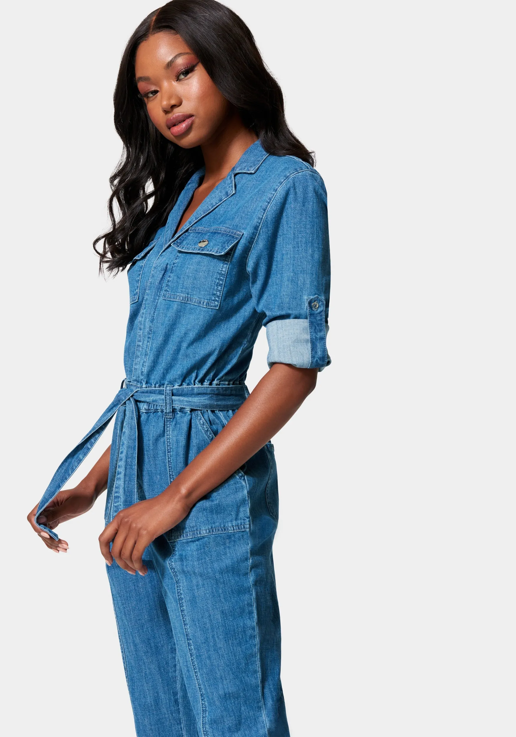 Lightweight Denim Cargo Style Straight Leg Jumpsuit