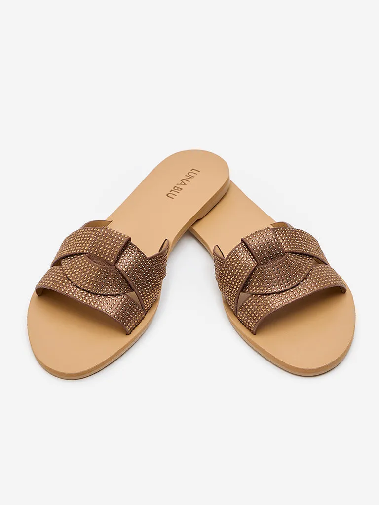 LUNA BLU Brown Embellished Slip-On Sandals