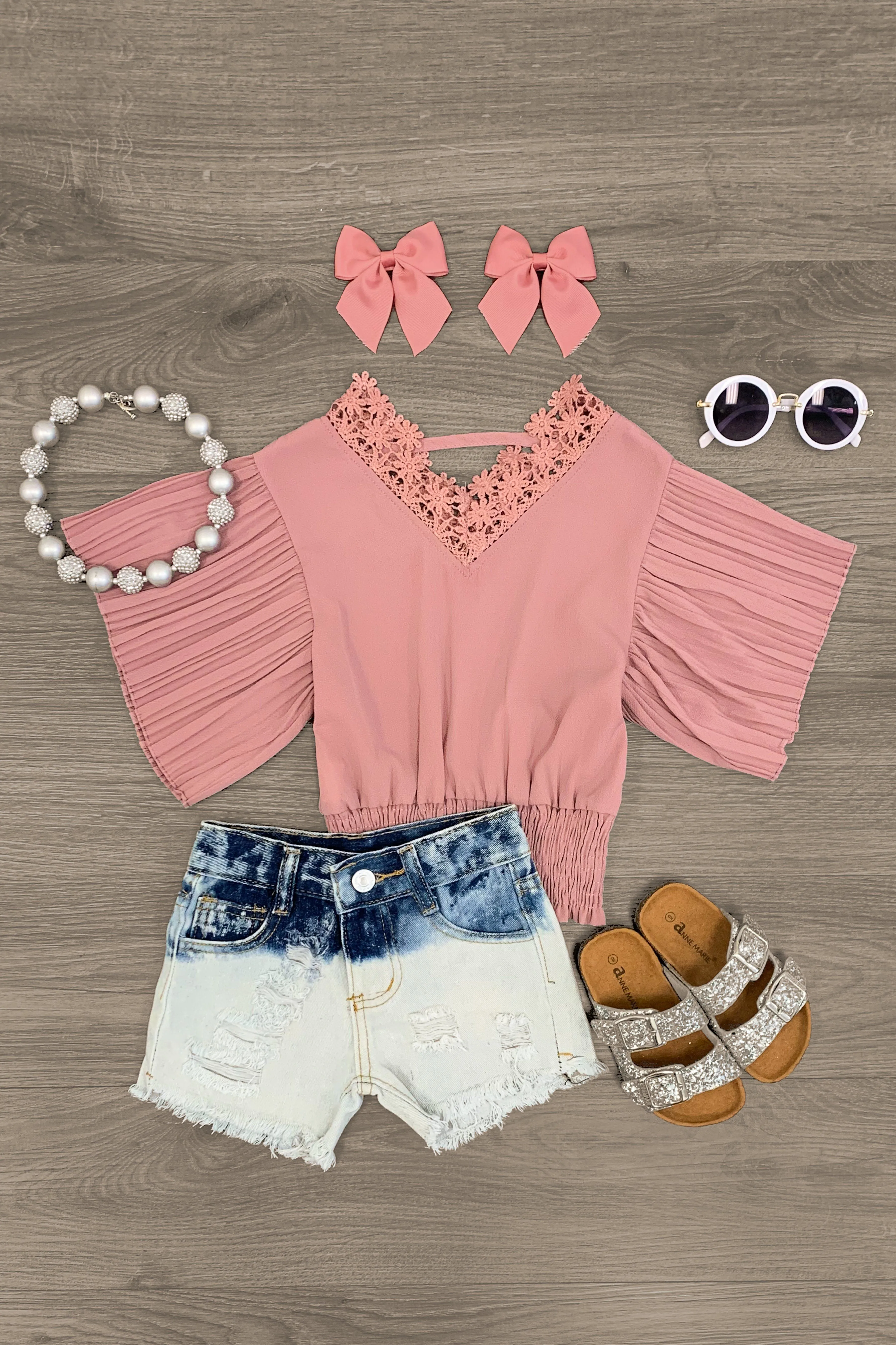 Mauve Lace Blouse Distressed Denim Short Set