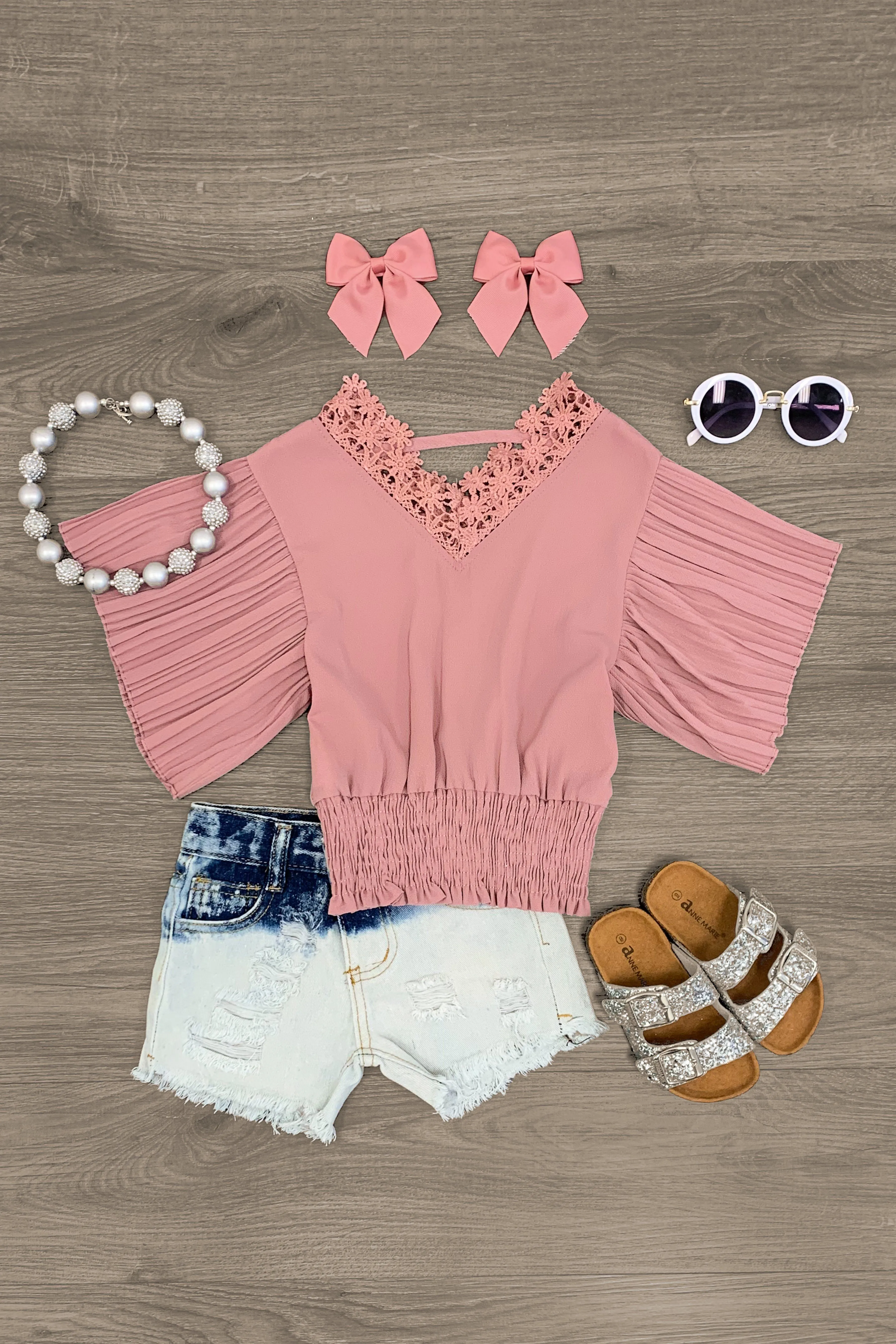 Mauve Lace Blouse Distressed Denim Short Set