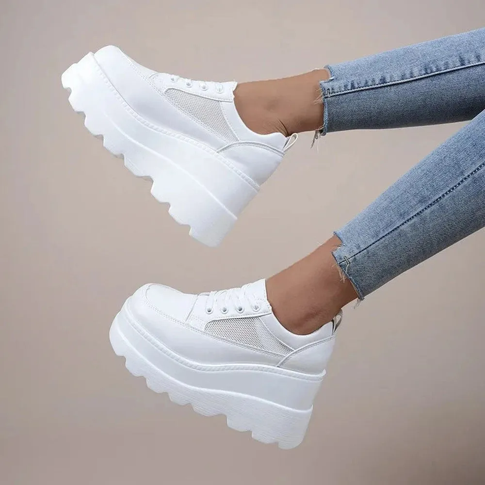 Merendy Mohawk Round toe lace up wedges mesh white sneakers