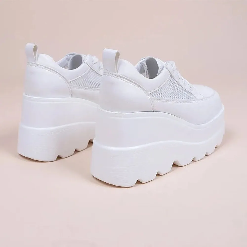 Merendy Mohawk Round toe lace up wedges mesh white sneakers