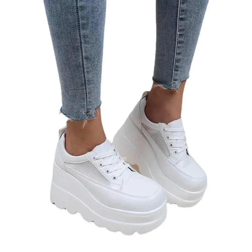 Merendy Mohawk Round toe lace up wedges mesh white sneakers