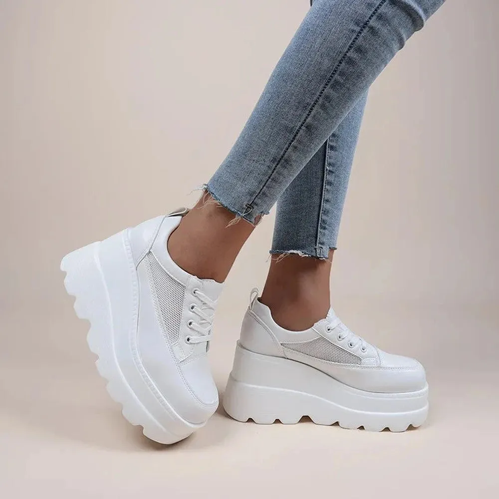 Merendy Mohawk Round toe lace up wedges mesh white sneakers