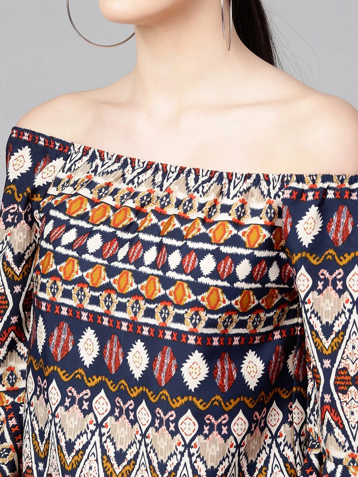 Multi-Color Tribal Printed Off-Shoulder Top