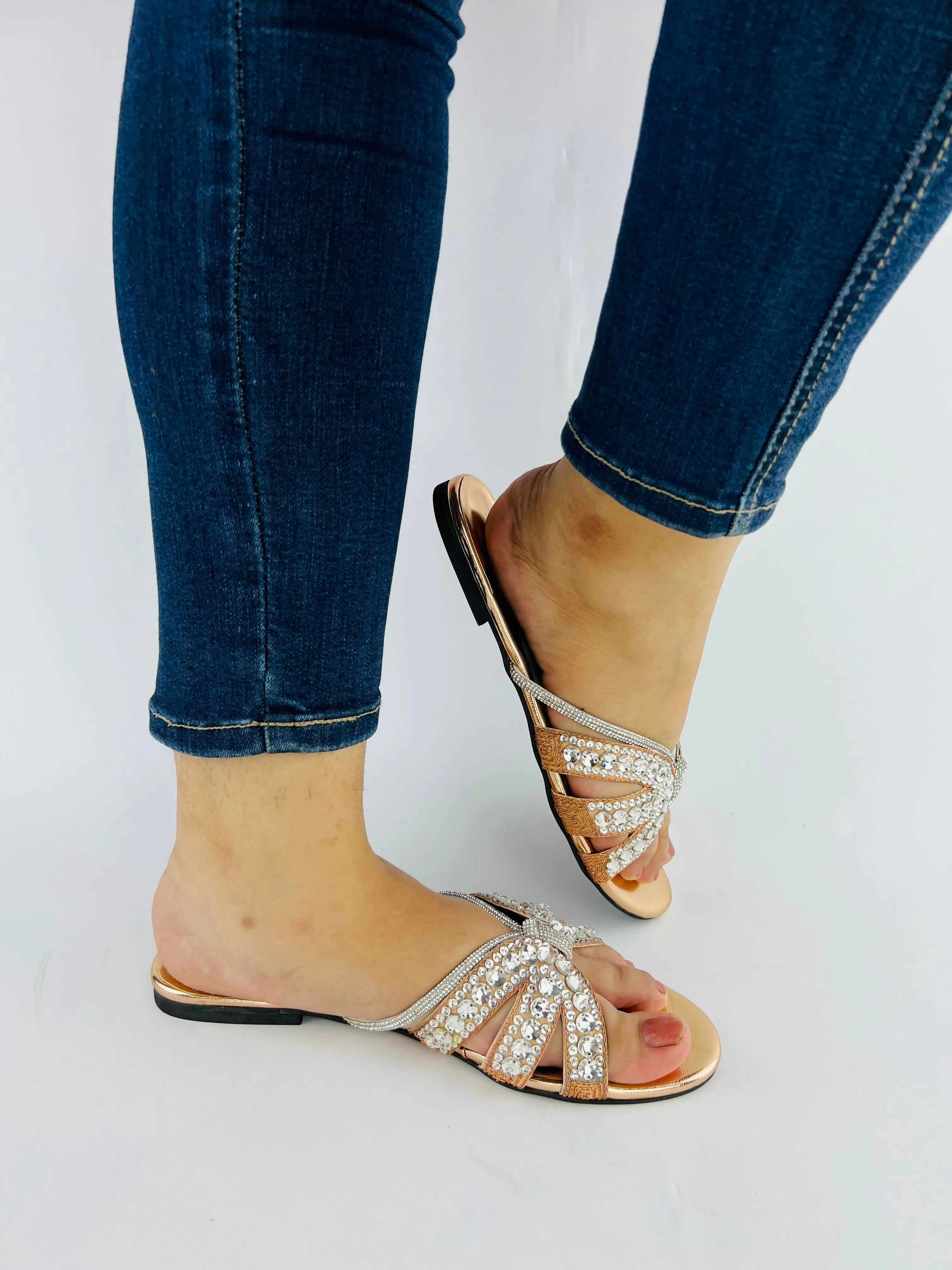 Natasha Strappy Rhinestones Slide Flats