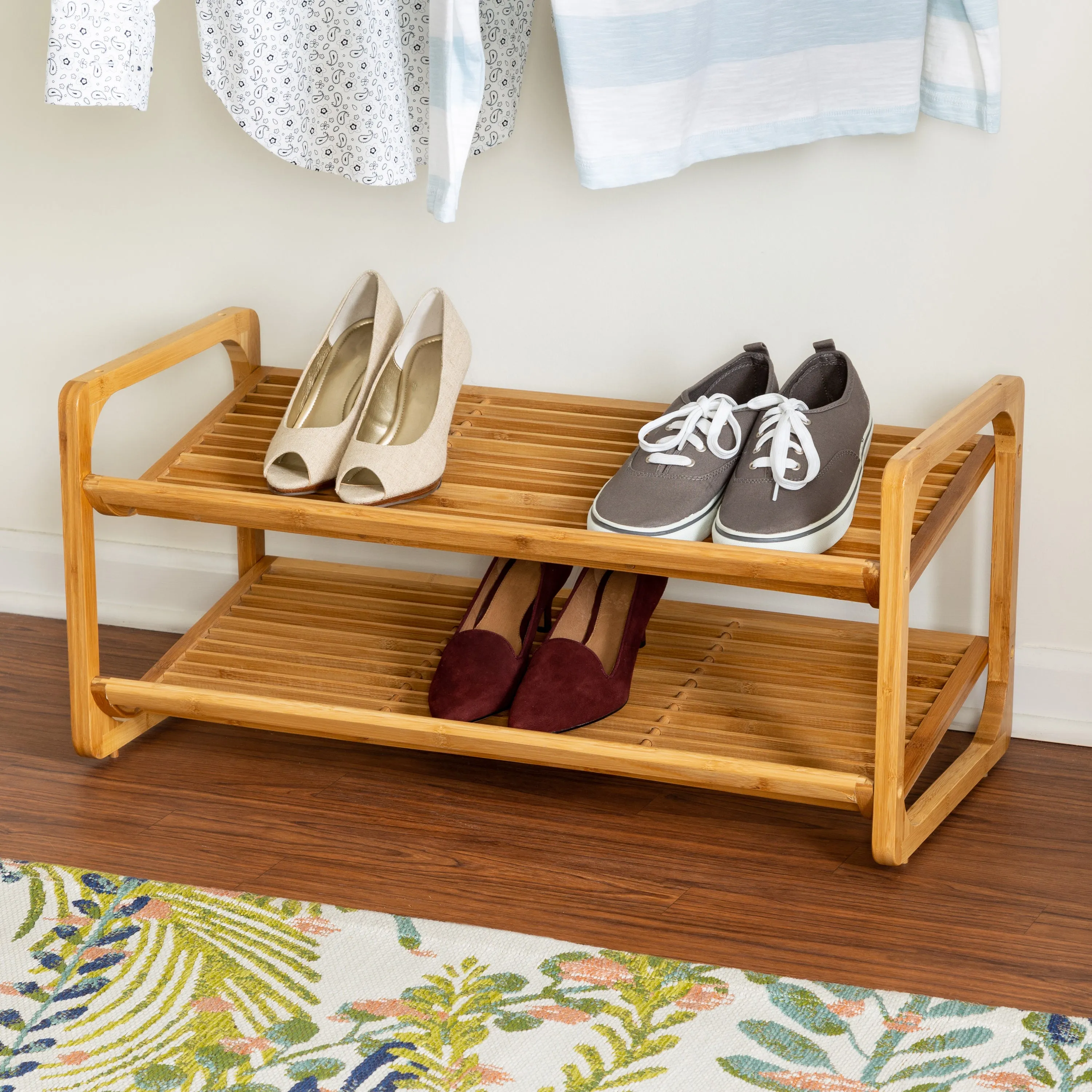 Natural 2-Tier Stackable Bamboo Shoe Rack