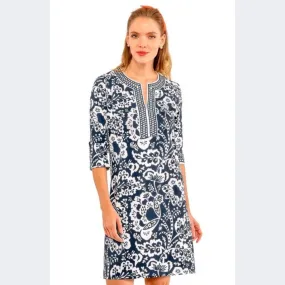 Navy & White Split Neck Dress