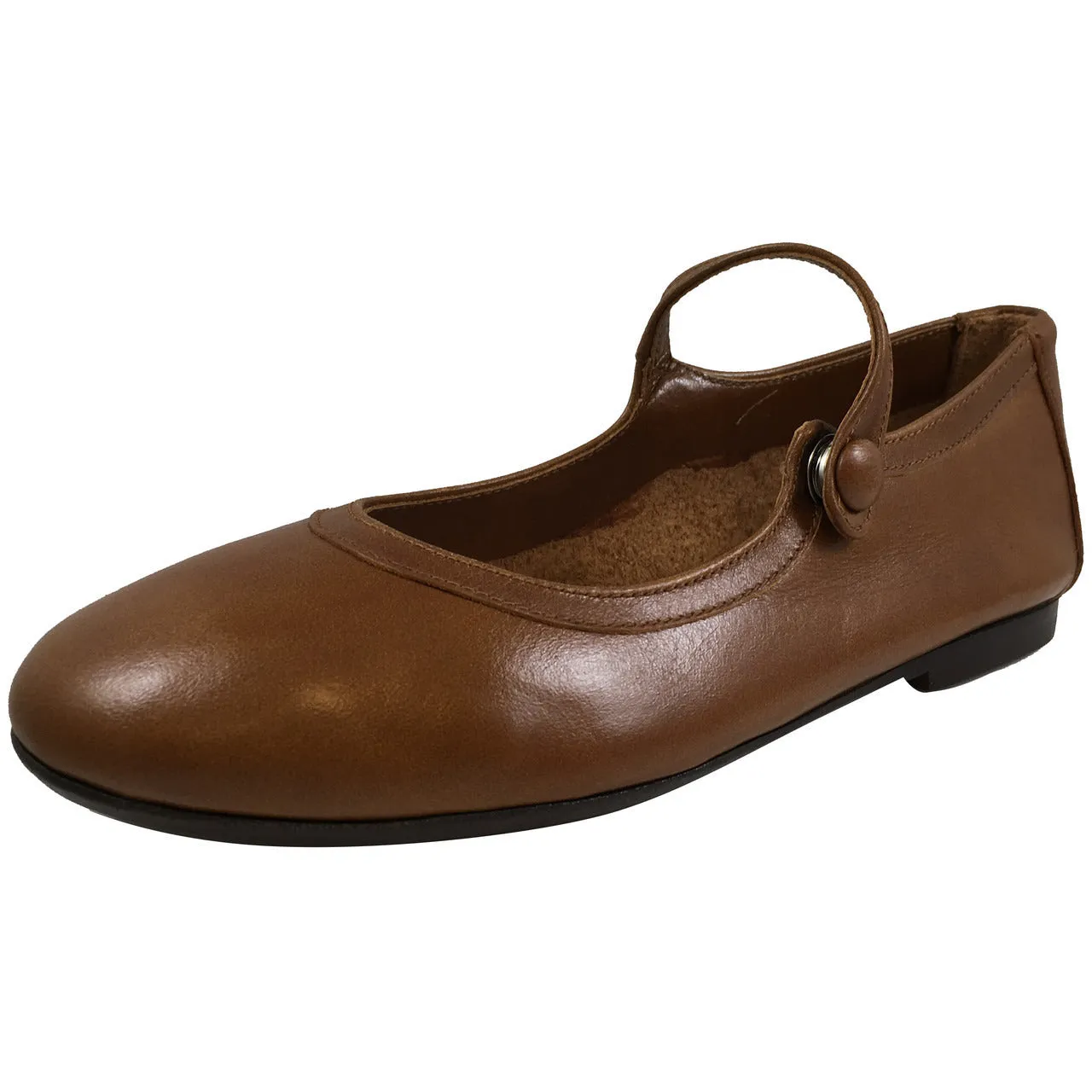 Papanatas by Eli Girl's Mary Janes Button Flats Tan Leather