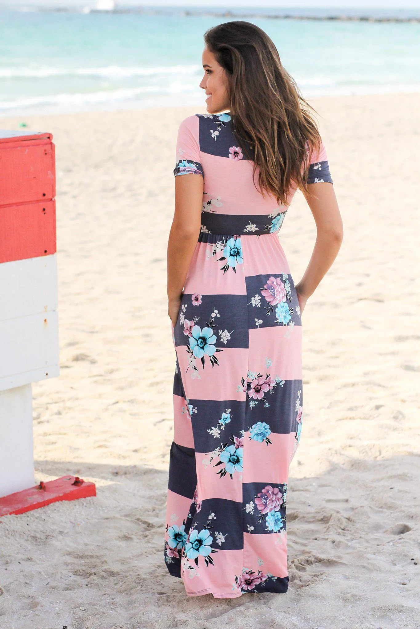 Pink and Navy Striped Floral Maxi Dress