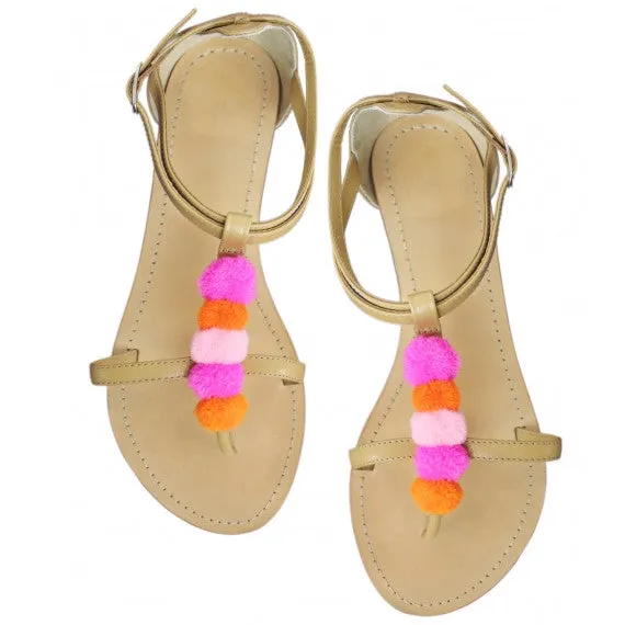 Pink Pom Pom Natural Leather Sandals