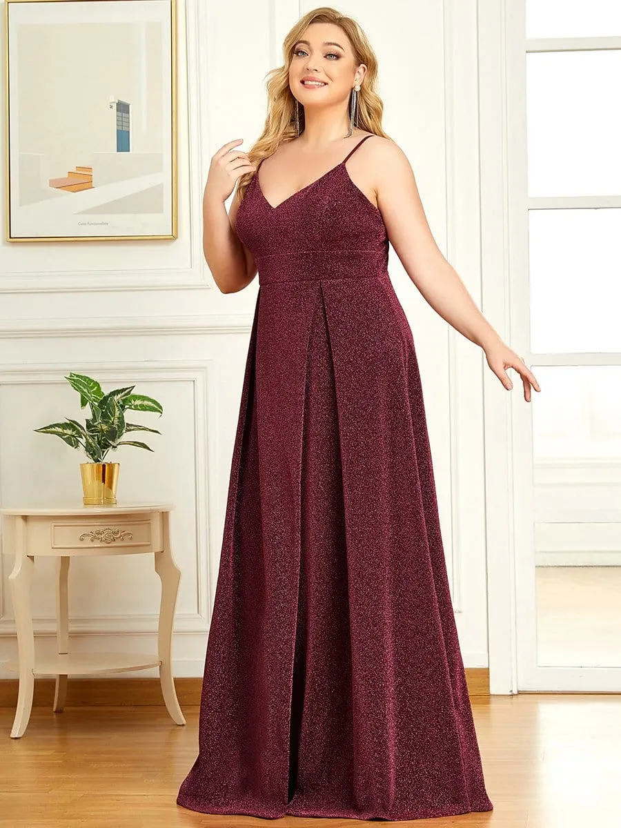 Plus Size Spaghetti Strap Front Slit Shiny Evening Dress