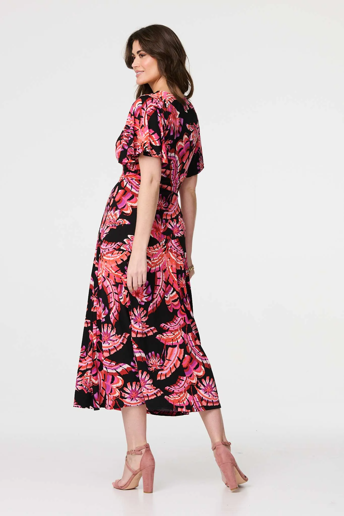 Printed Angel Sleeve Midi Dress