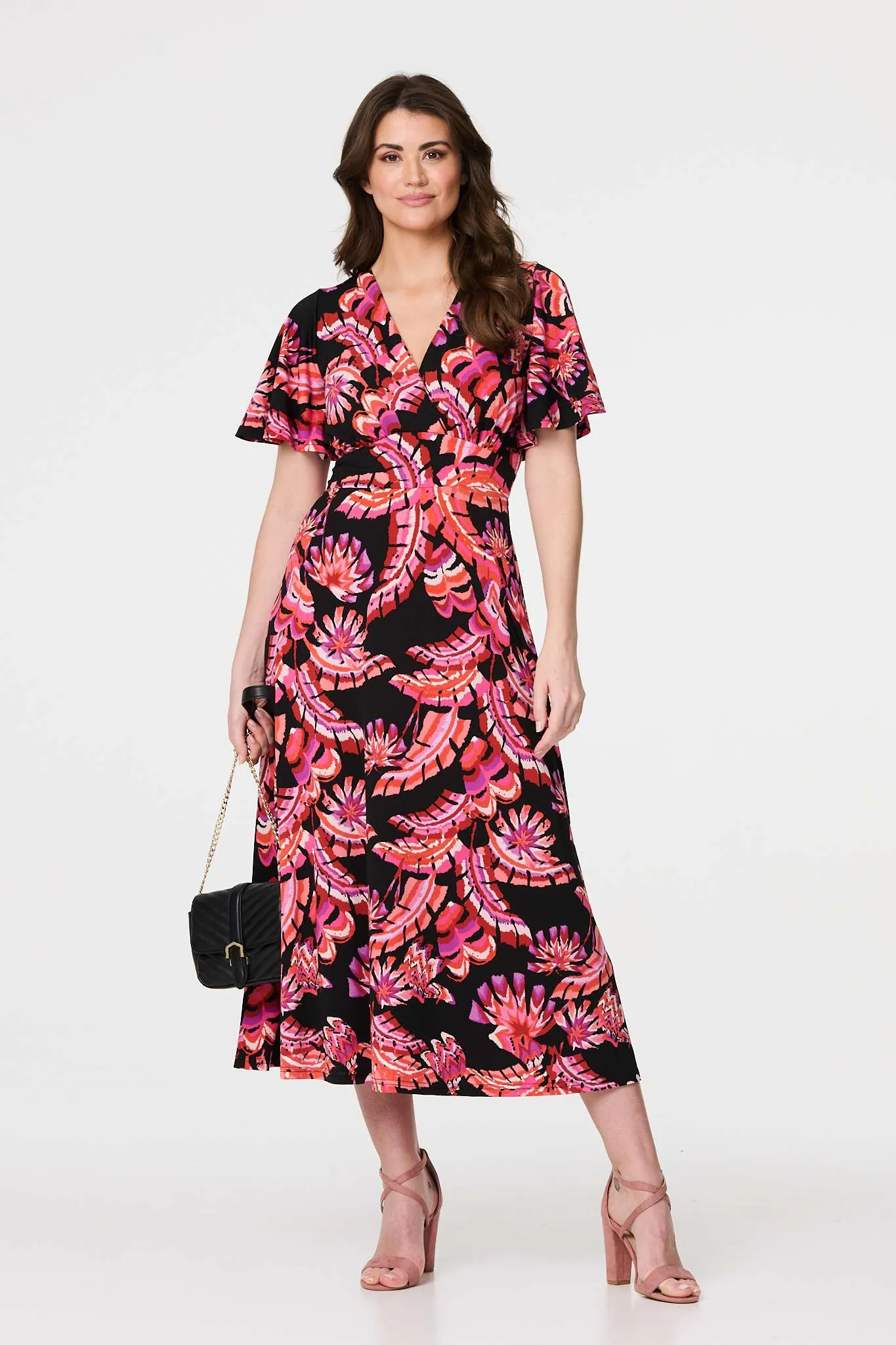 Printed Angel Sleeve Midi Dress