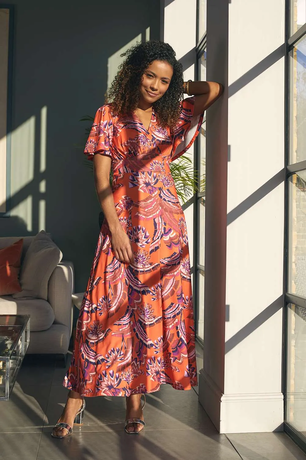 Printed Angel Sleeve Midi Dress