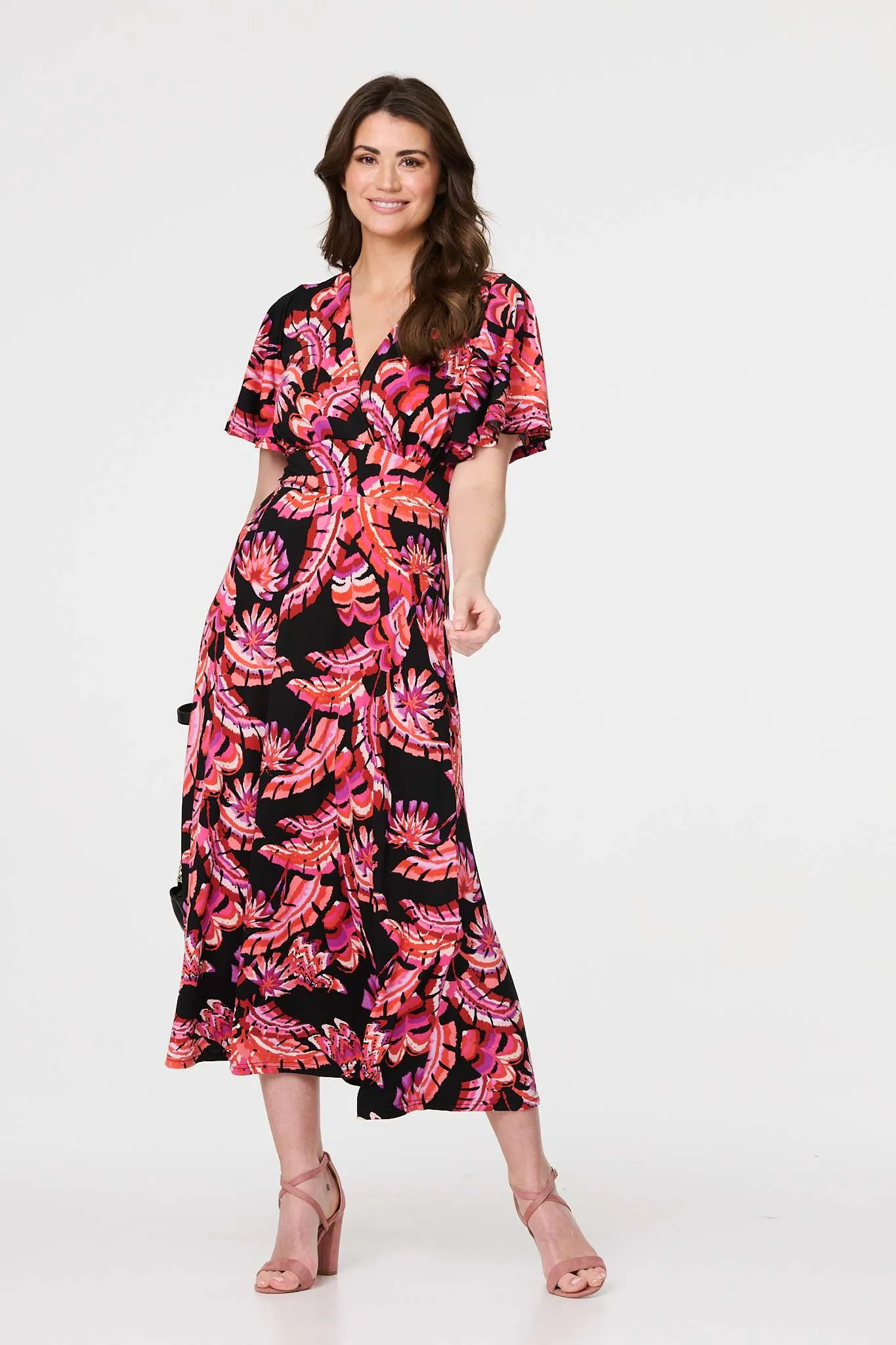 Printed Angel Sleeve Midi Dress