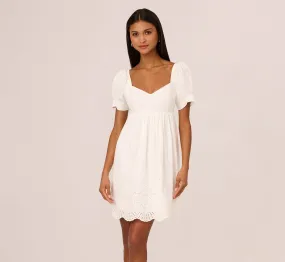 Puff Short Sleeve Eyelet Dress With Empire Waist In Ivory