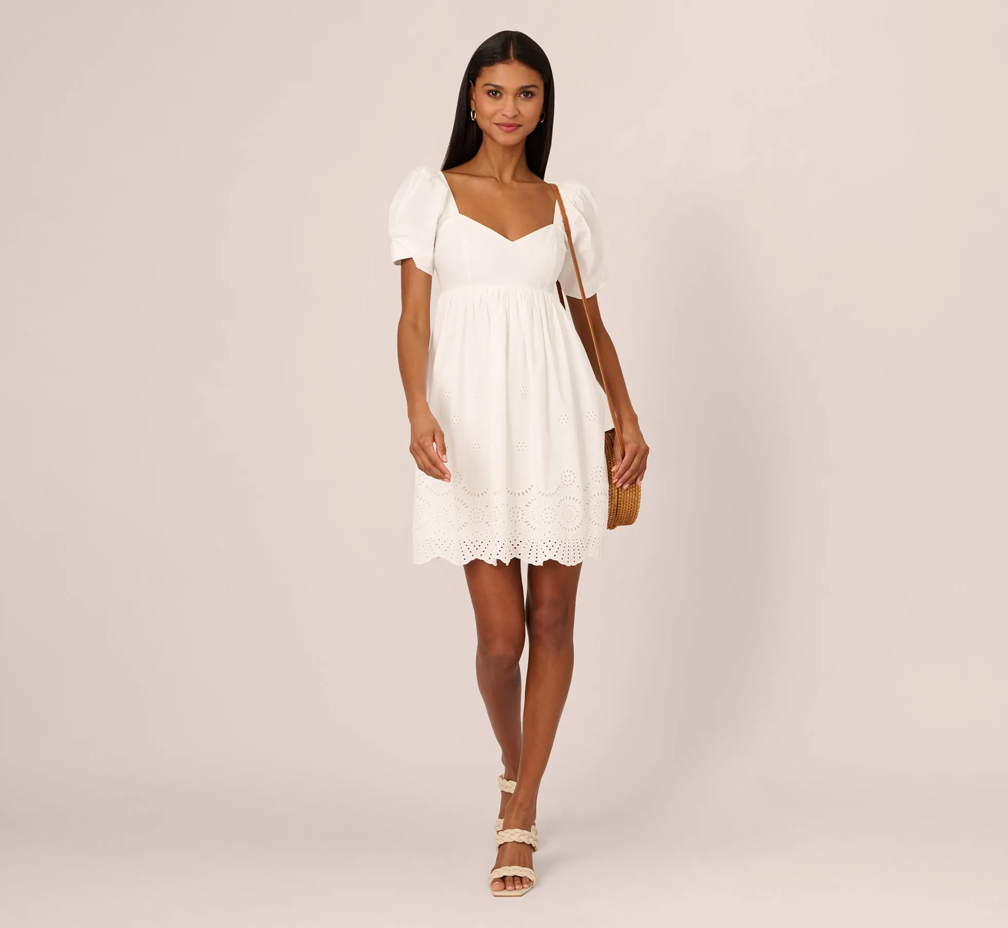 Puff Short Sleeve Eyelet Dress With Empire Waist In Ivory