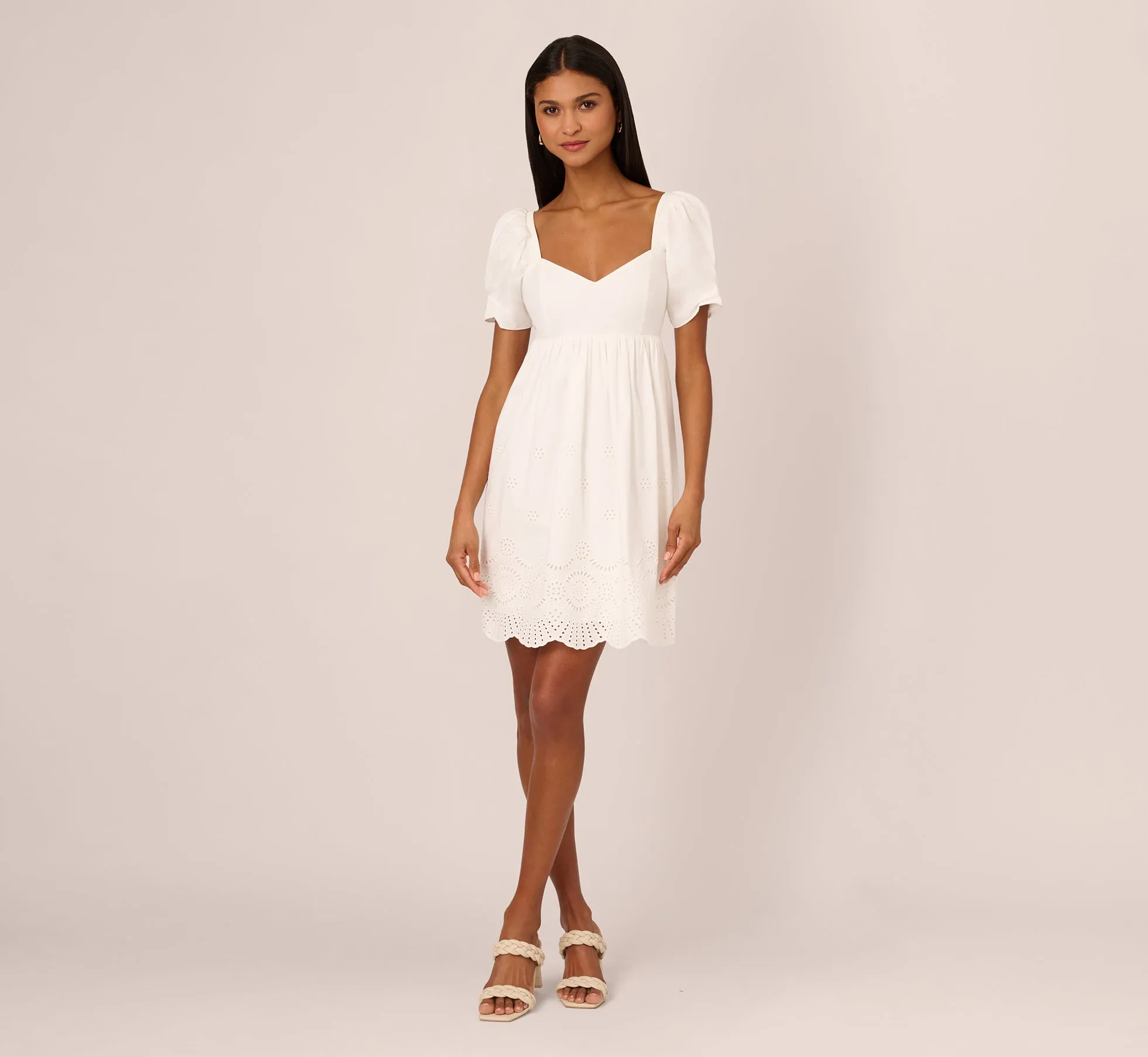 Puff Short Sleeve Eyelet Dress With Empire Waist In Ivory