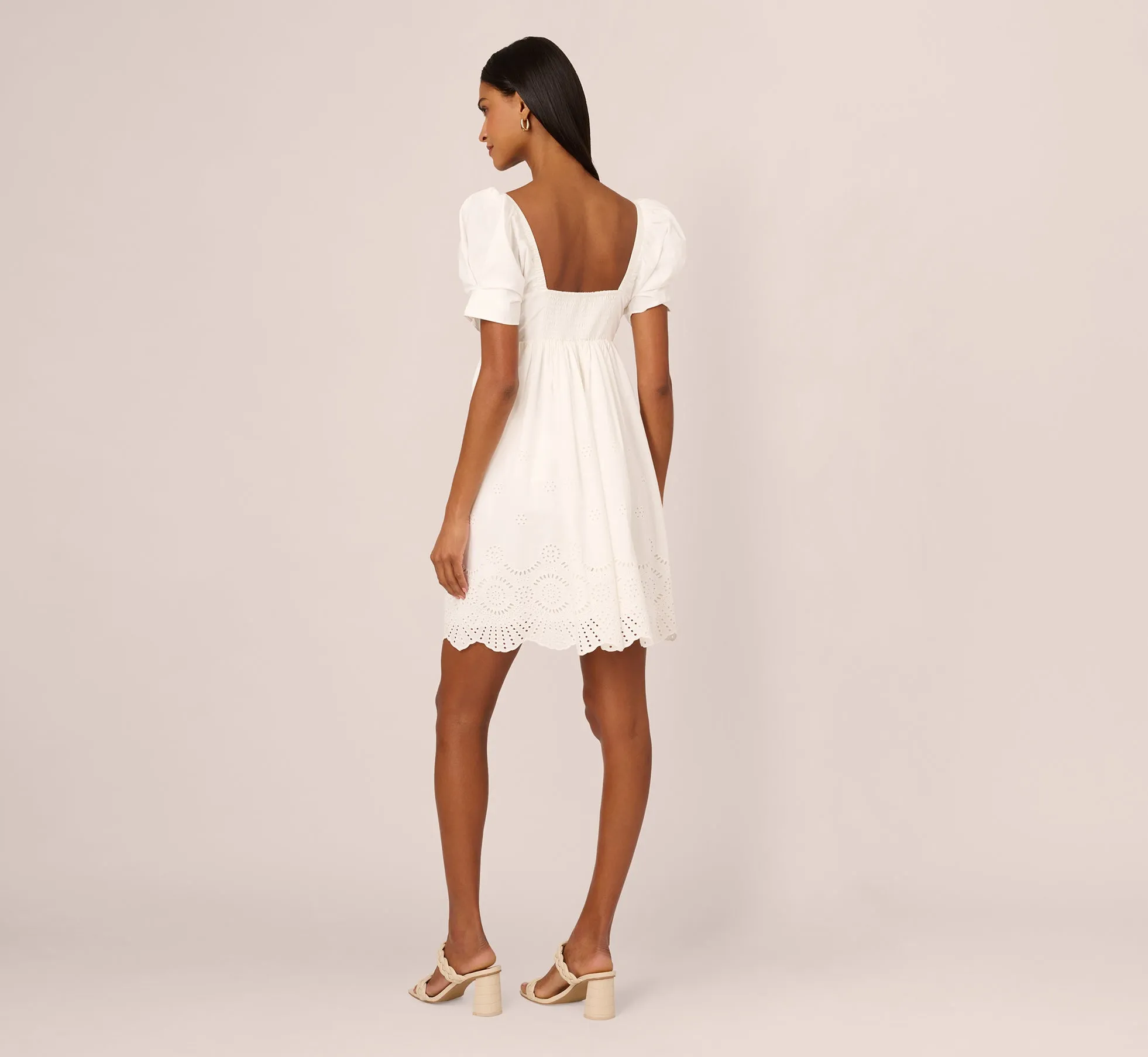 Puff Short Sleeve Eyelet Dress With Empire Waist In Ivory