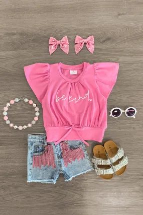 "Be Kind" Pink Sequin Tie Denim Short Set