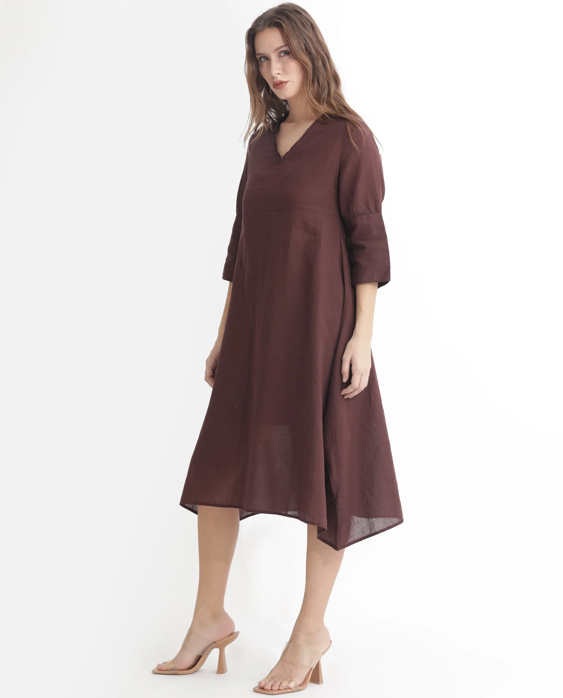 Rareism Women Orie Brown Cotton Linen Fabric 3/4Th Sleeves V-Neck Relaxed Fit Plain Midi Asymmetric Dress