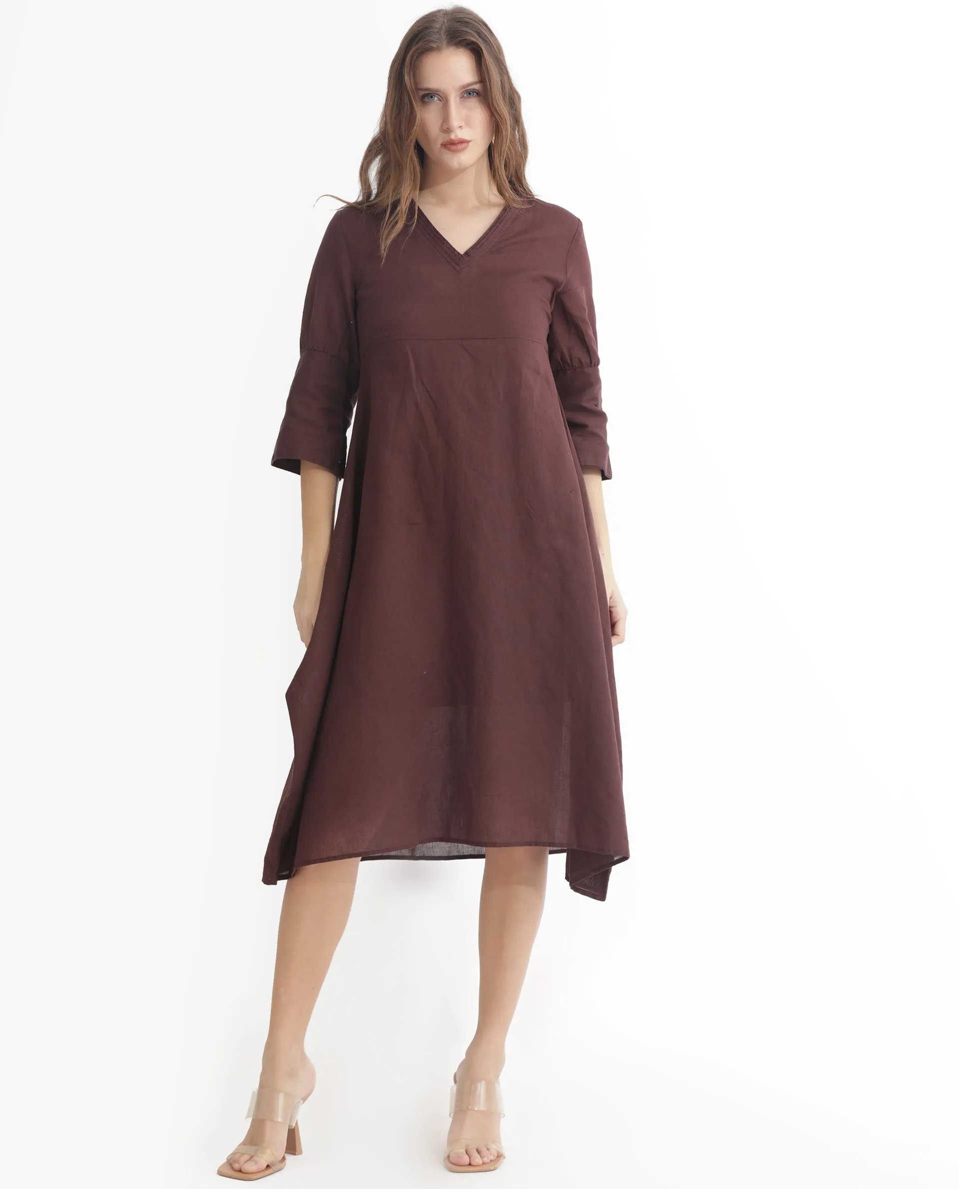 Rareism Women Orie Brown Cotton Linen Fabric 3/4Th Sleeves V-Neck Relaxed Fit Plain Midi Asymmetric Dress