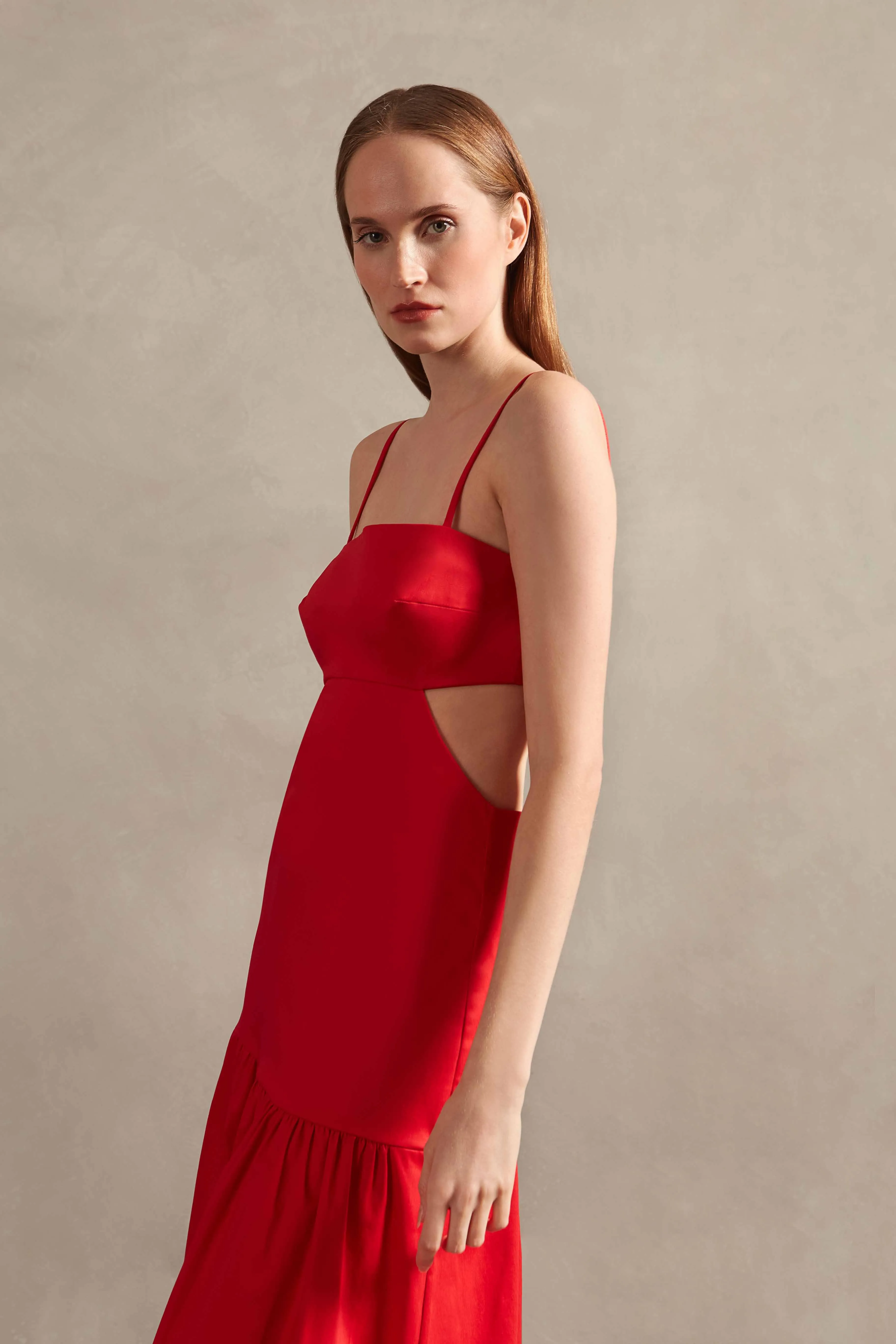 Red Solid Cotton Cut-Outs Long Dress