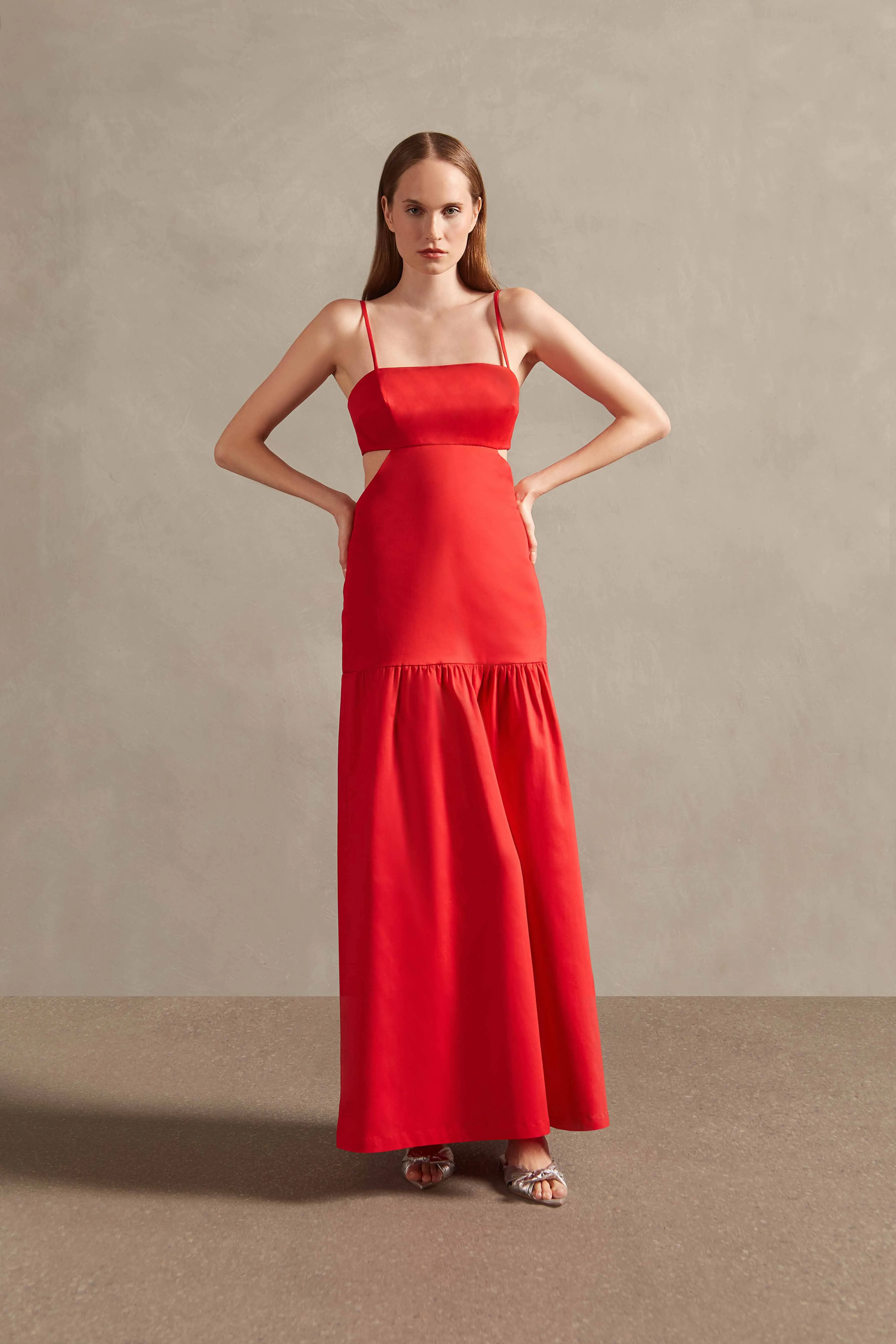 Red Solid Cotton Cut-Outs Long Dress