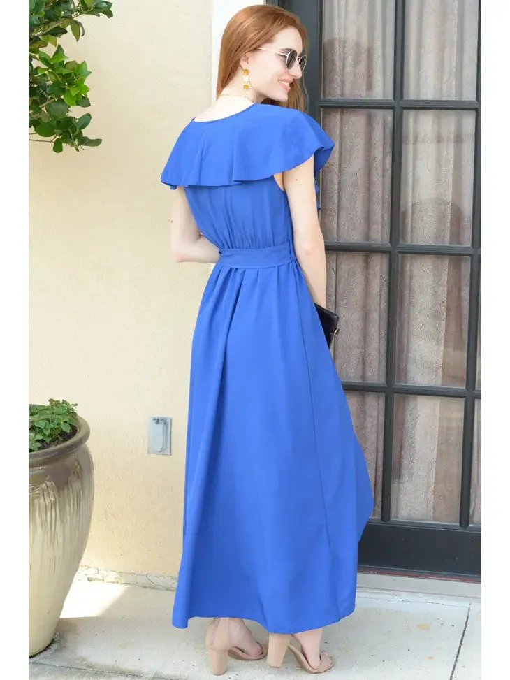 Royal Blue Tiered V-neck Ruffle Maxi Dress