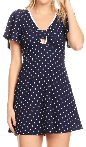 Sakkas Dalila Womens Casual Polka Dot V neck Dress Shift swing Short Mini Party