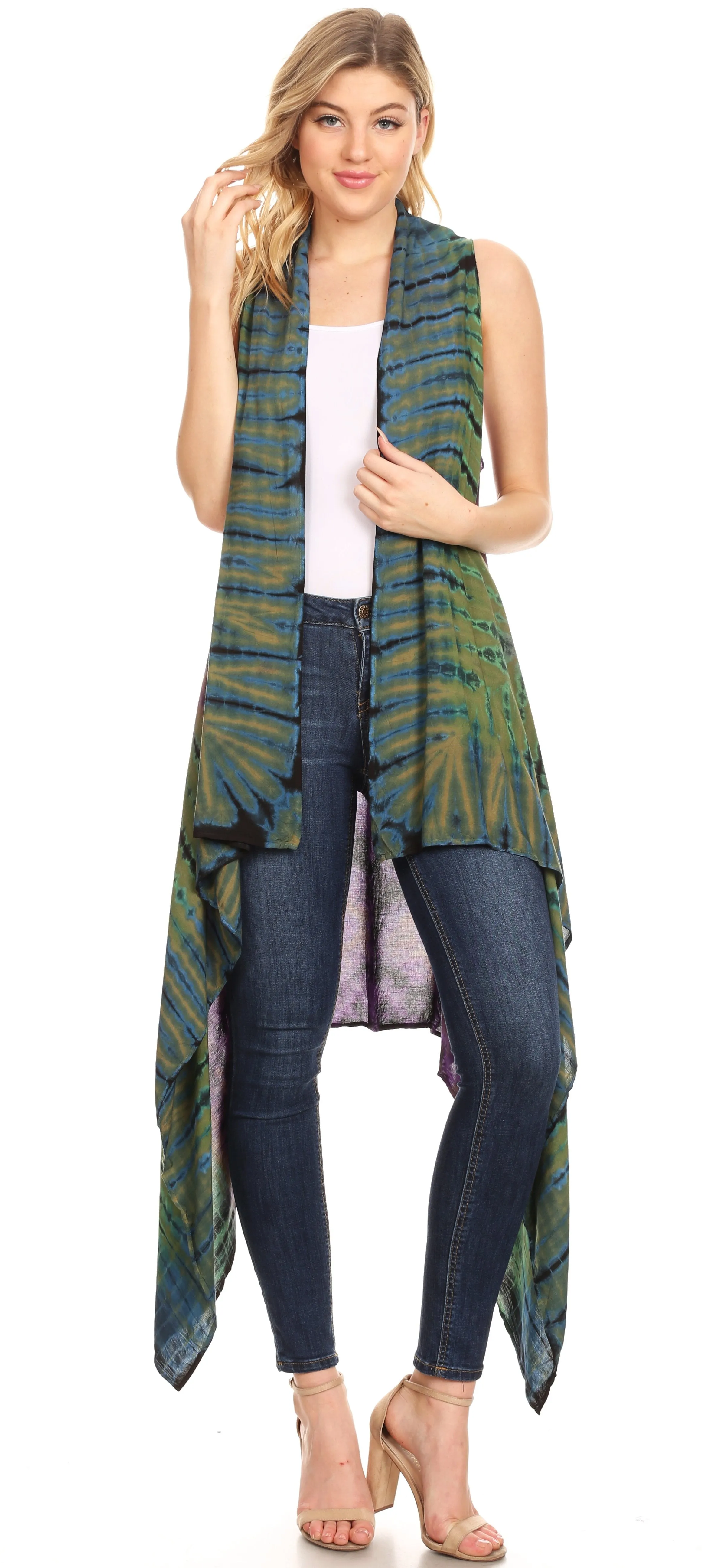 Sakkas Ivana Women's Oversized Draped Open Front Sleeveless Cardigan in Tie Dye