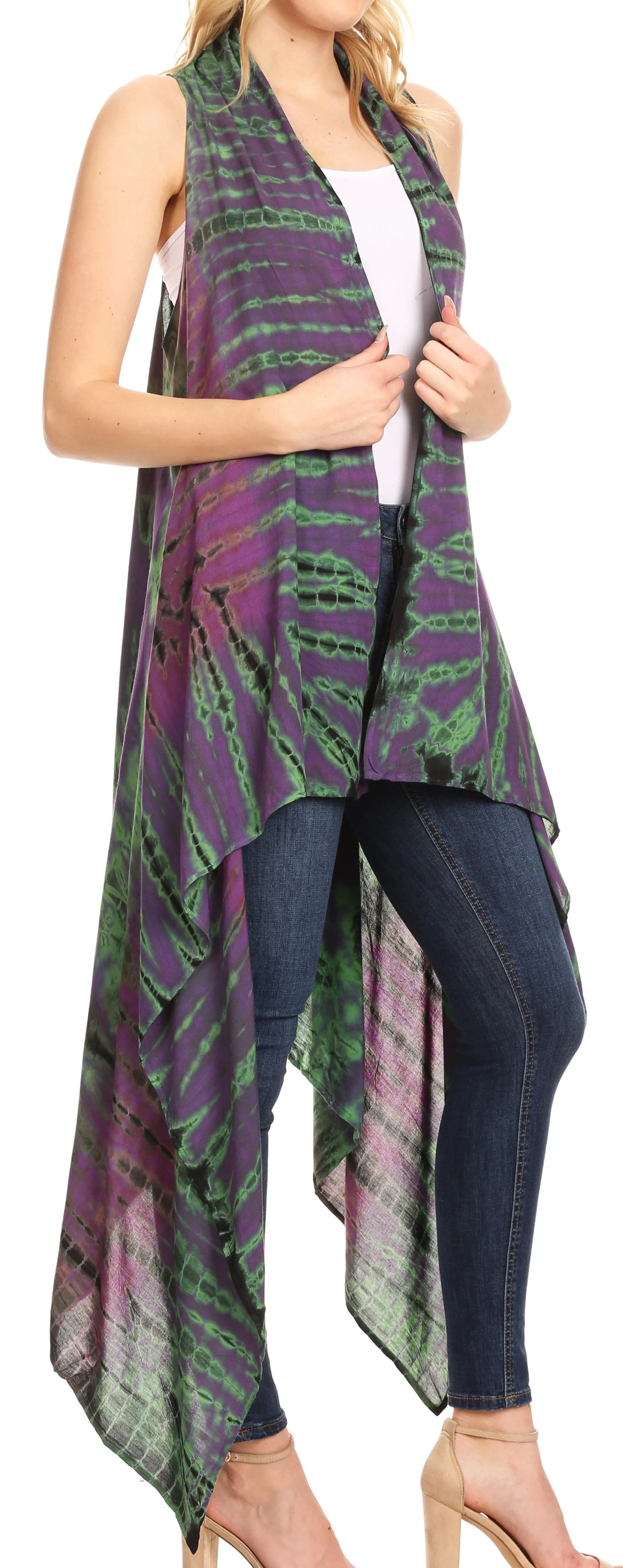 Sakkas Ivana Women's Oversized Draped Open Front Sleeveless Cardigan in Tie Dye