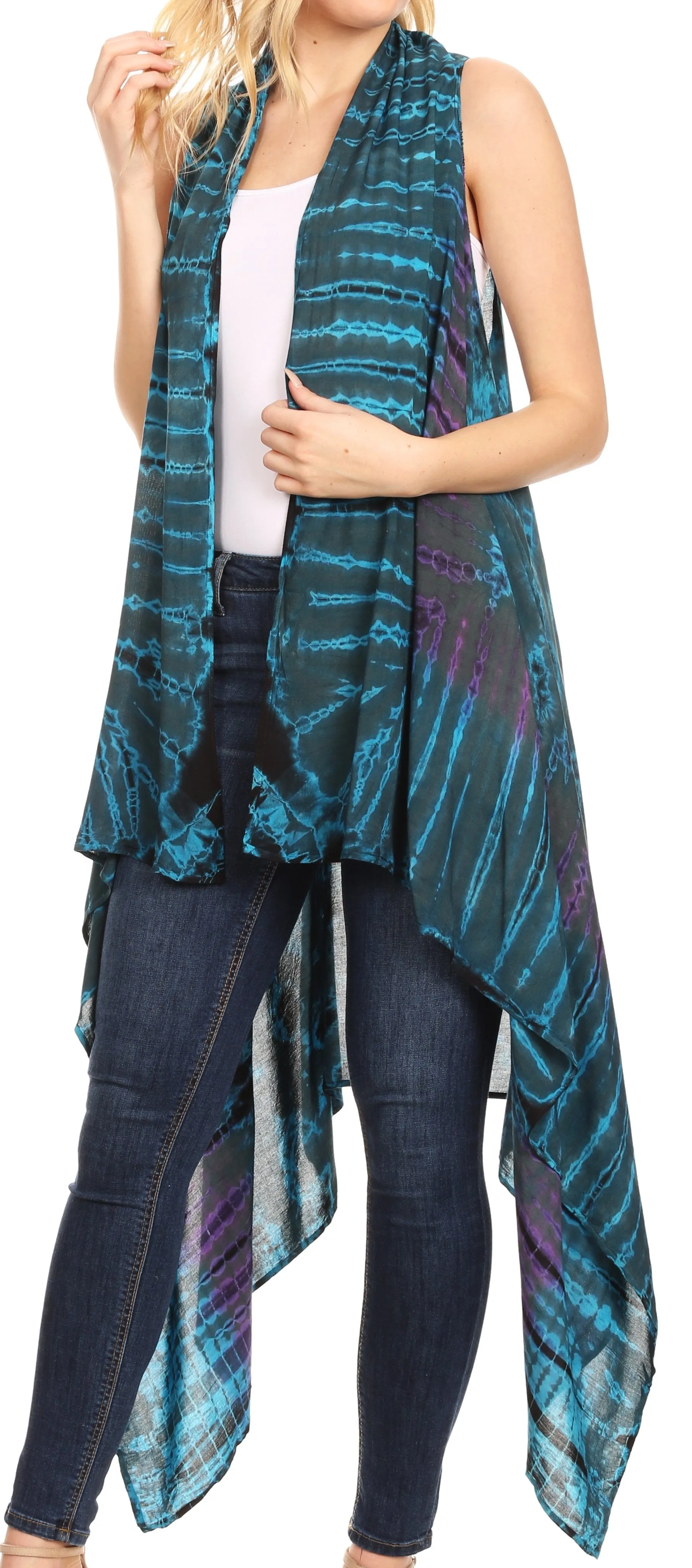 Sakkas Ivana Women's Oversized Draped Open Front Sleeveless Cardigan in Tie Dye