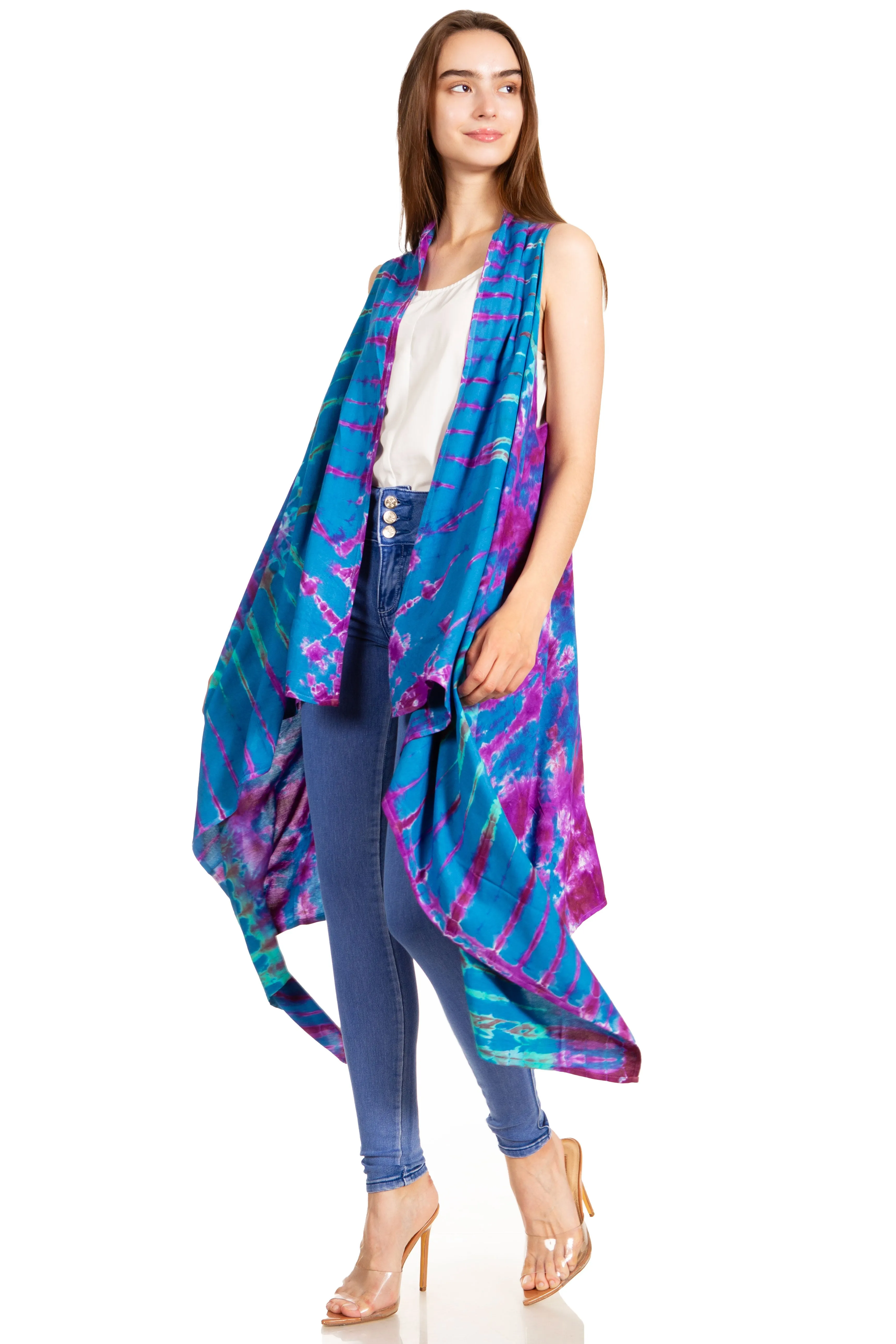 Sakkas Ivana Women's Oversized Draped Open Front Sleeveless Cardigan in Tie Dye