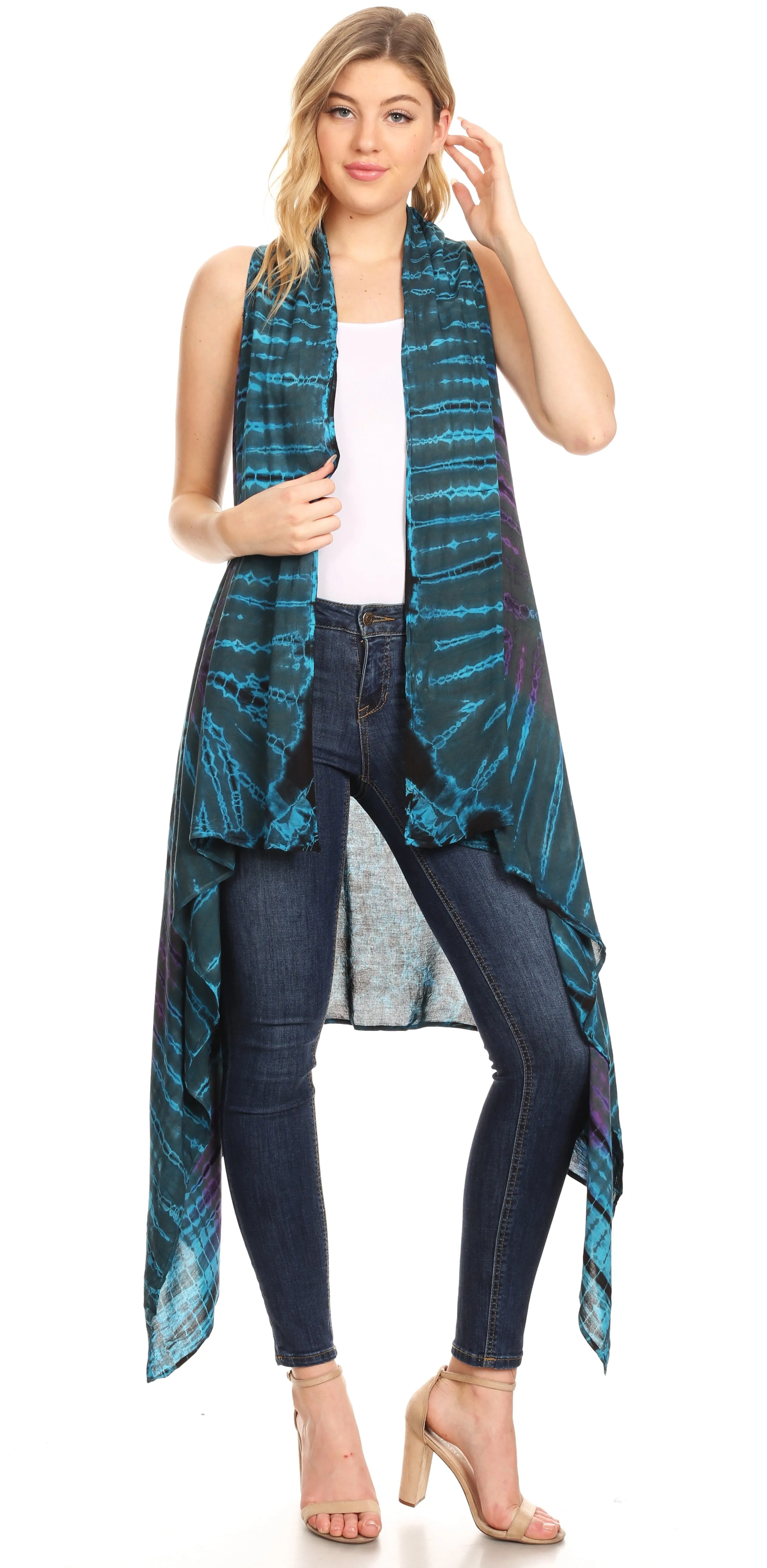 Sakkas Ivana Women's Oversized Draped Open Front Sleeveless Cardigan in Tie Dye