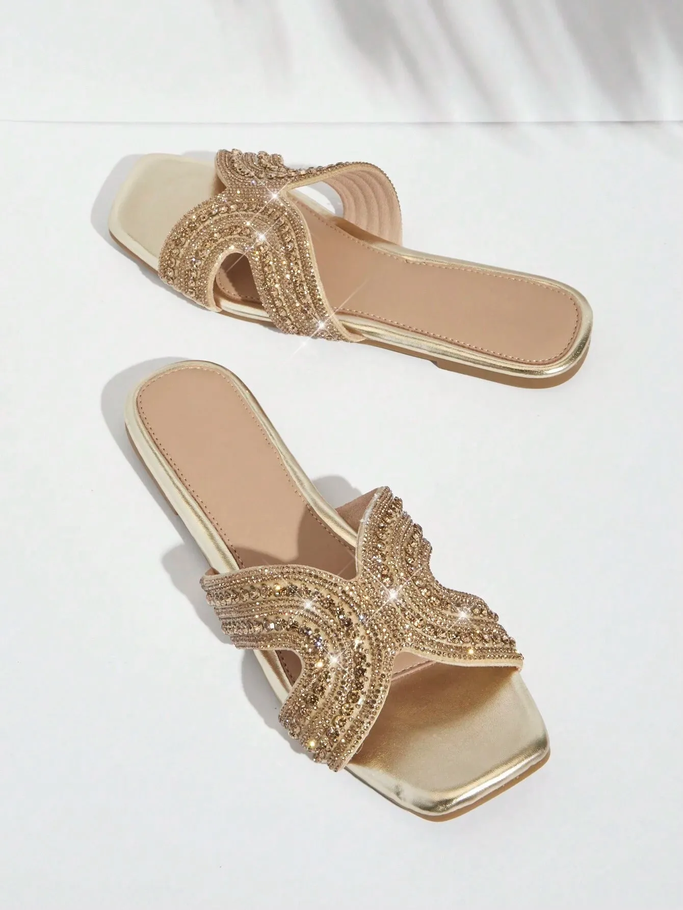 SHEIN SHUZIA Embellished Open Toe Gold Slip On Sandals