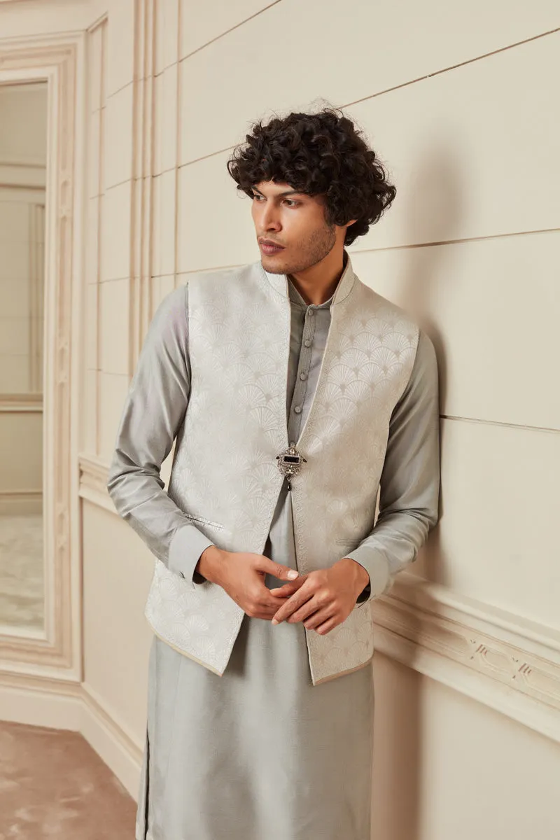 Silver Jacquard Embroidered Kurta Bundi Set