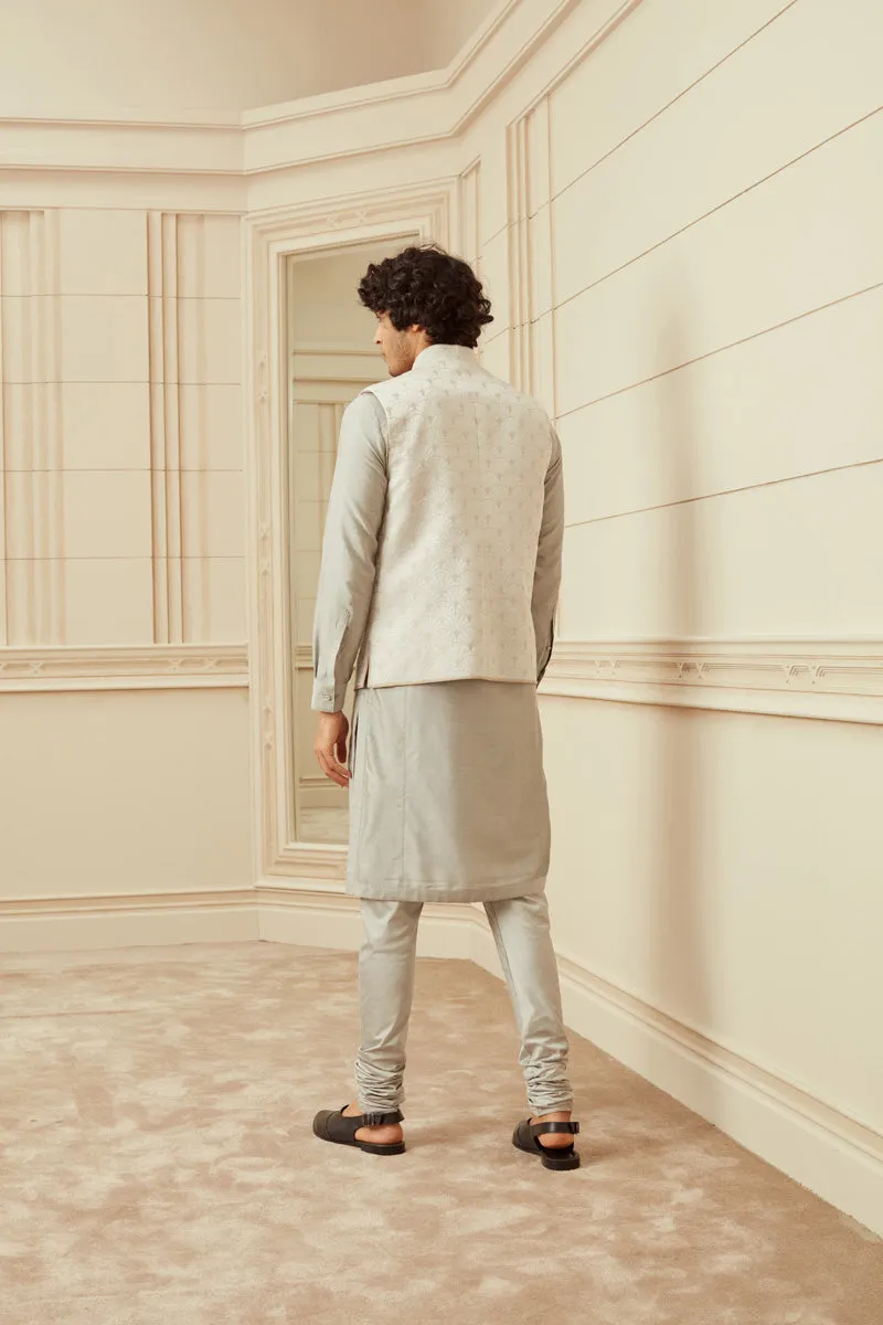 Silver Jacquard Embroidered Kurta Bundi Set