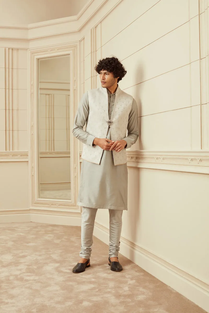 Silver Jacquard Embroidered Kurta Bundi Set