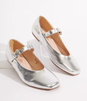 Silver Leatherette Mary Jane Flats